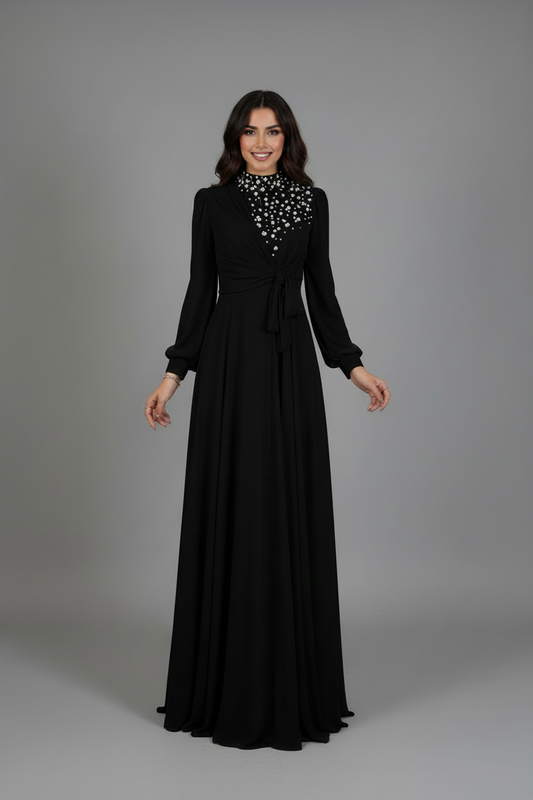 Tie Detailed Stone Embroidered Long Gown Black