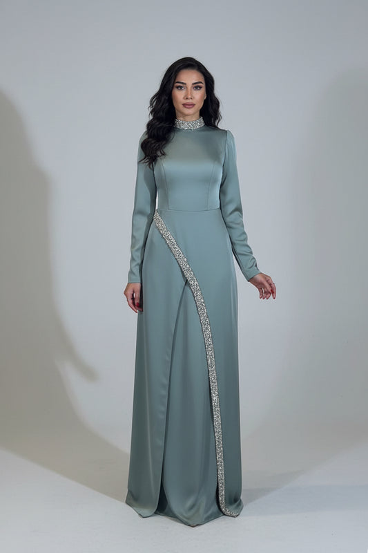 Stone Detailed Satin Mock Neck Gown