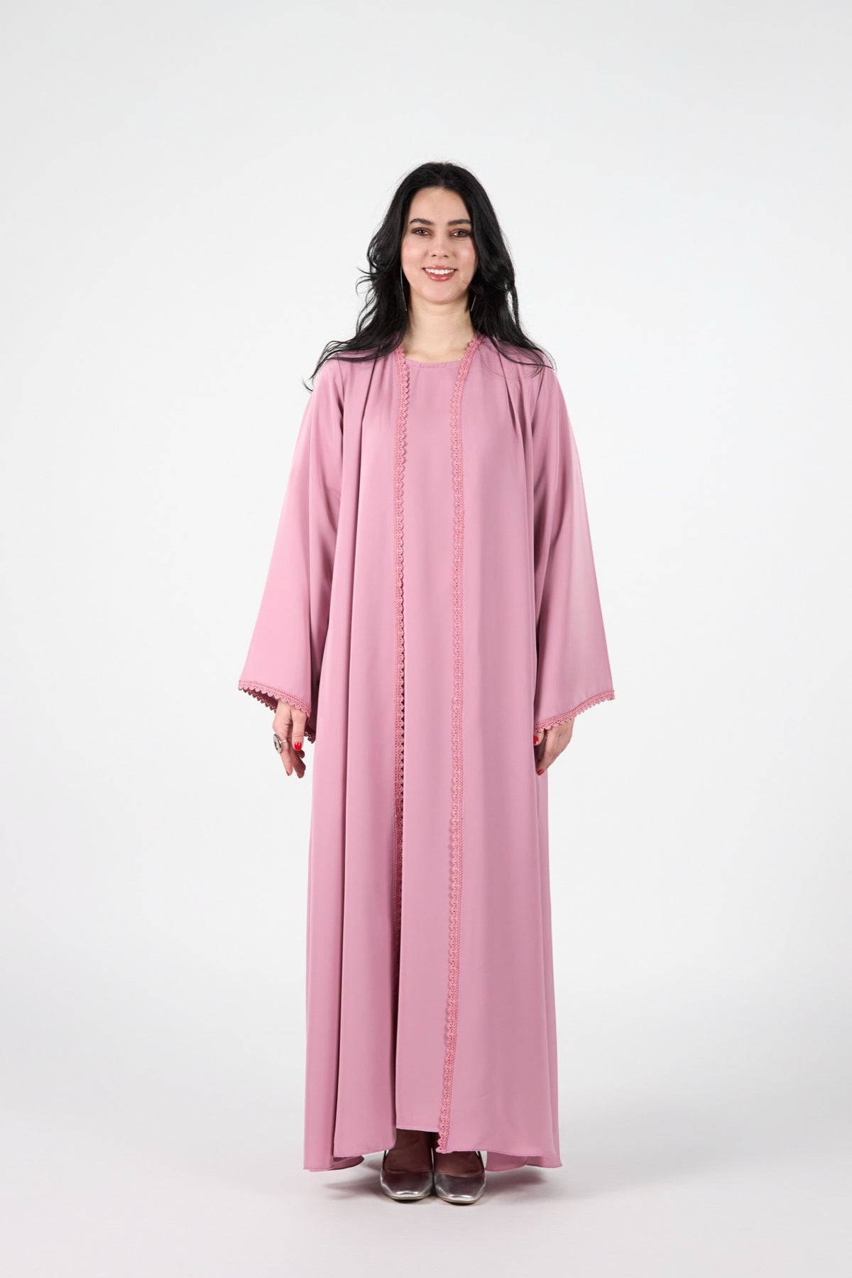 Celestial Veil Rose Aura Open Abaya with Inner Dress