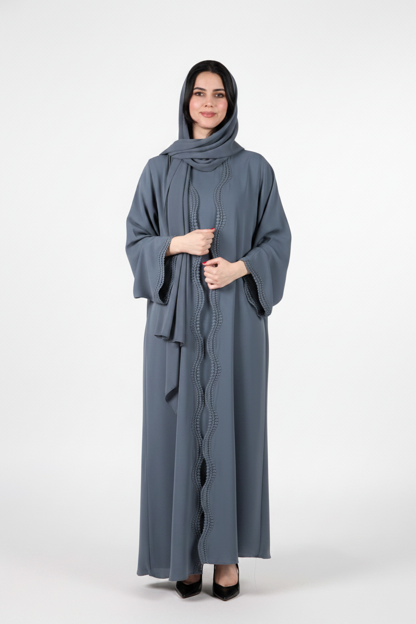 Celestial Veil Slate Whisper Open Abaya