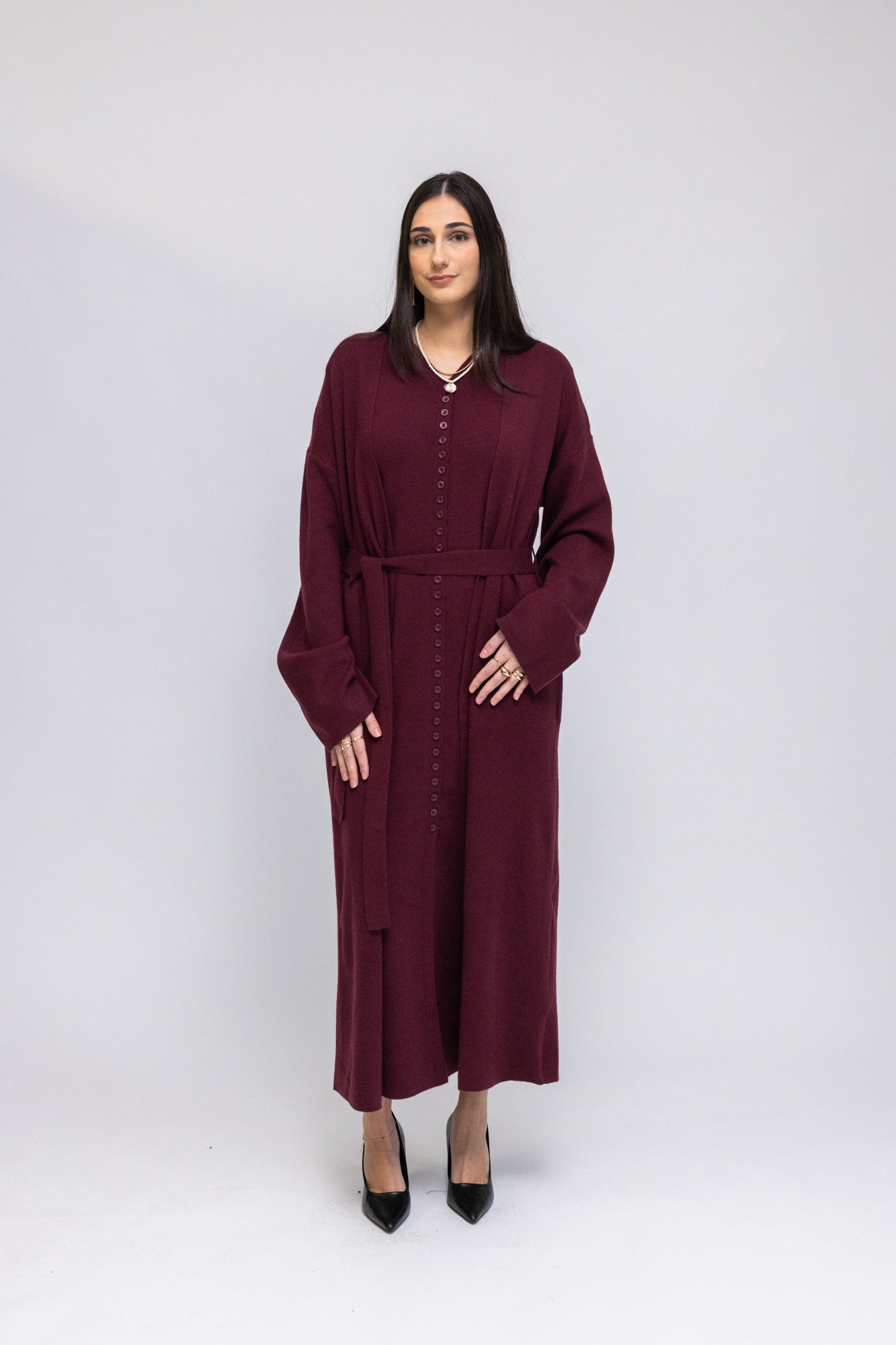 Button-Front Knit Maxi Dress with Matching Cardigan S/M / Maroon Button-Front Knit Maxi Dress with Matching Cardigan S/M / Maroon