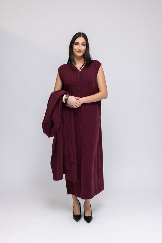 Button-Front Knit Maxi Dress with Matching Cardigan