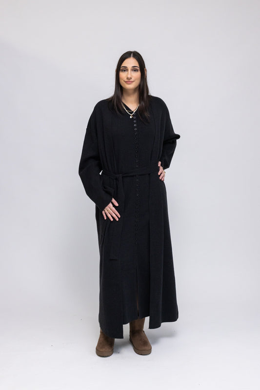 Button-Front Knit Maxi Dress With Matching Cardigan