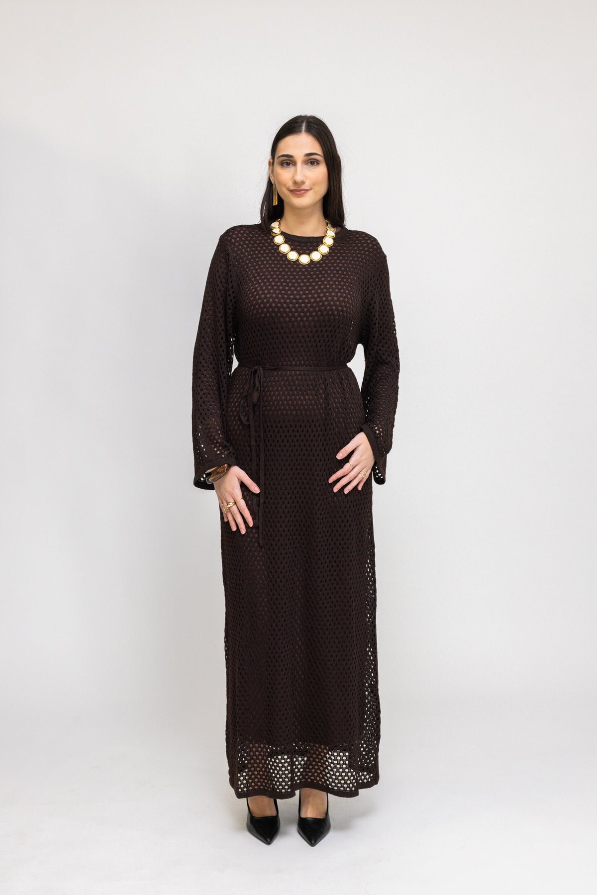 Crochet Maxi Dress with Tie Waist and Under Dress