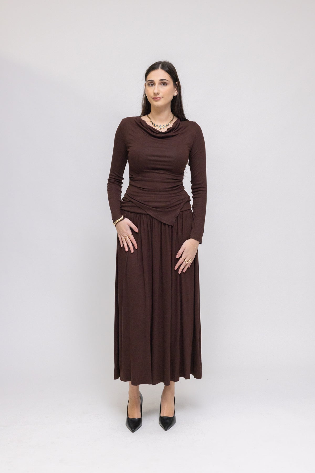 Draped Jersey Top & Midi Skirt 2-Piece Set
