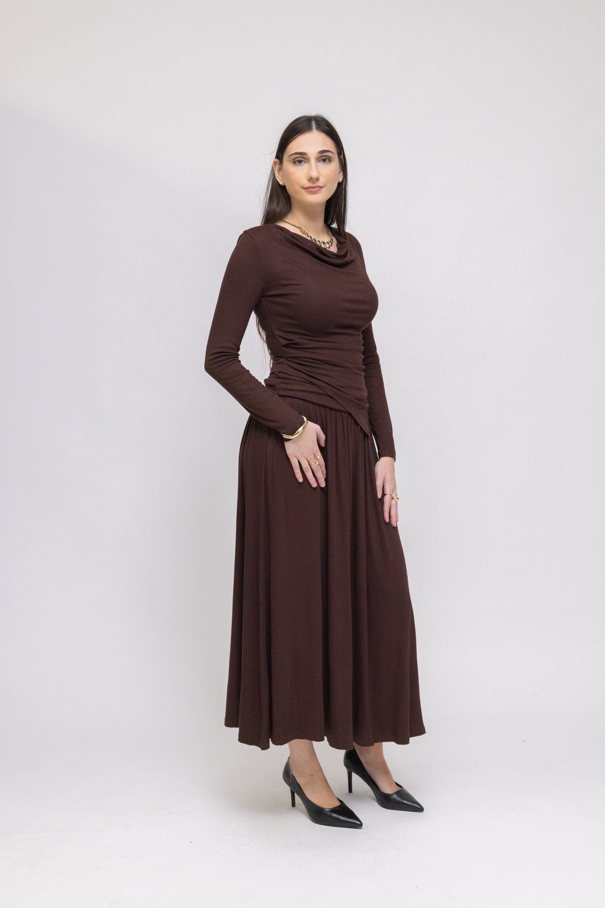 Draped Jersey Top & Midi Skirt 2-Piece Set