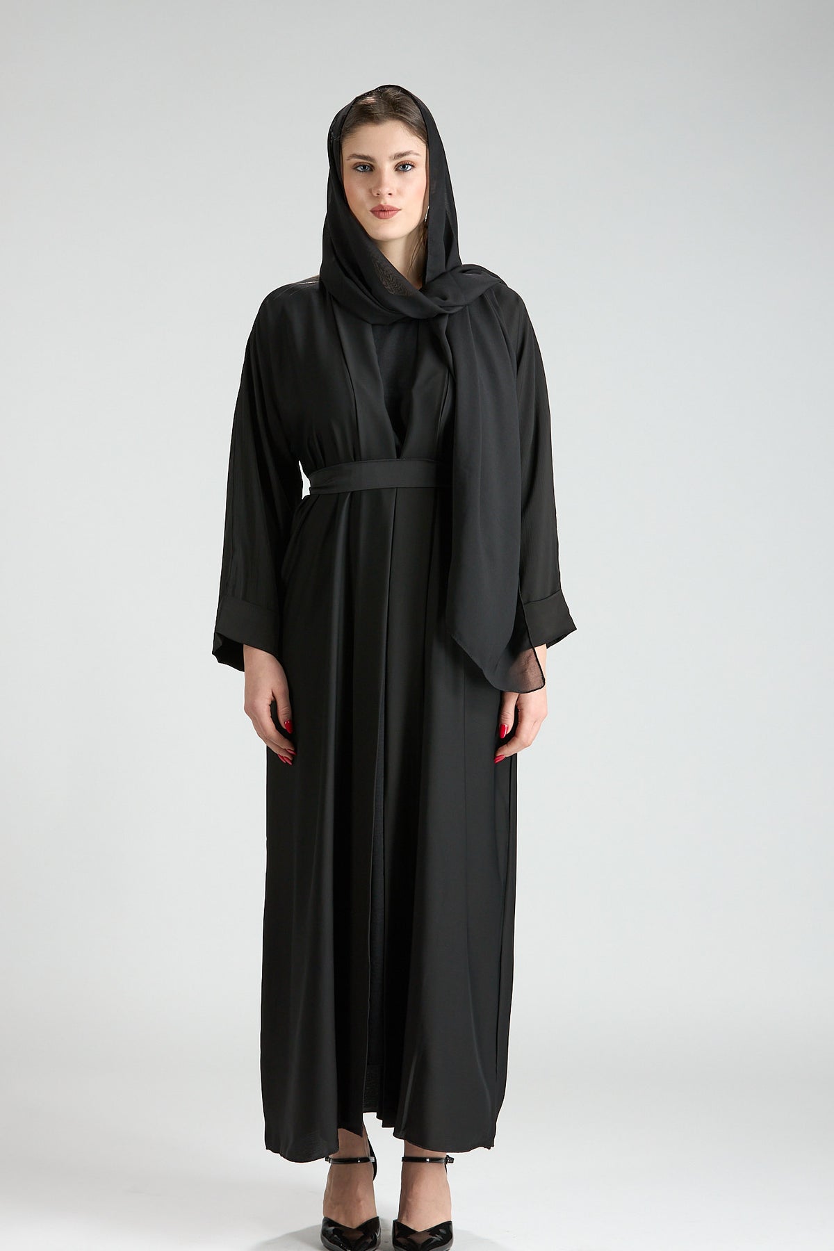 Noor Black Belted V-Neck 3-Piece Abaya