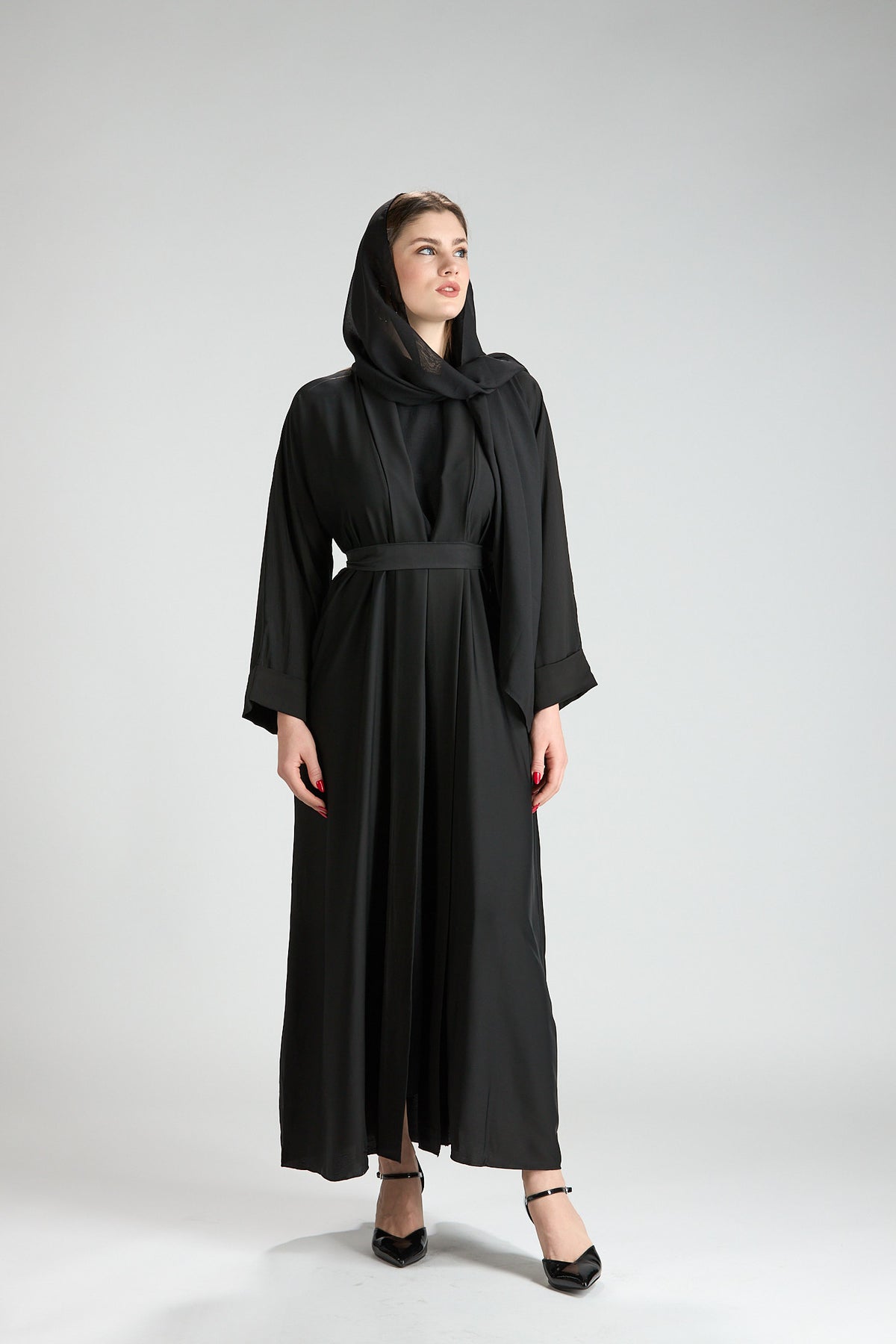 Noor Black Belted V-Neck 3-Piece Abaya