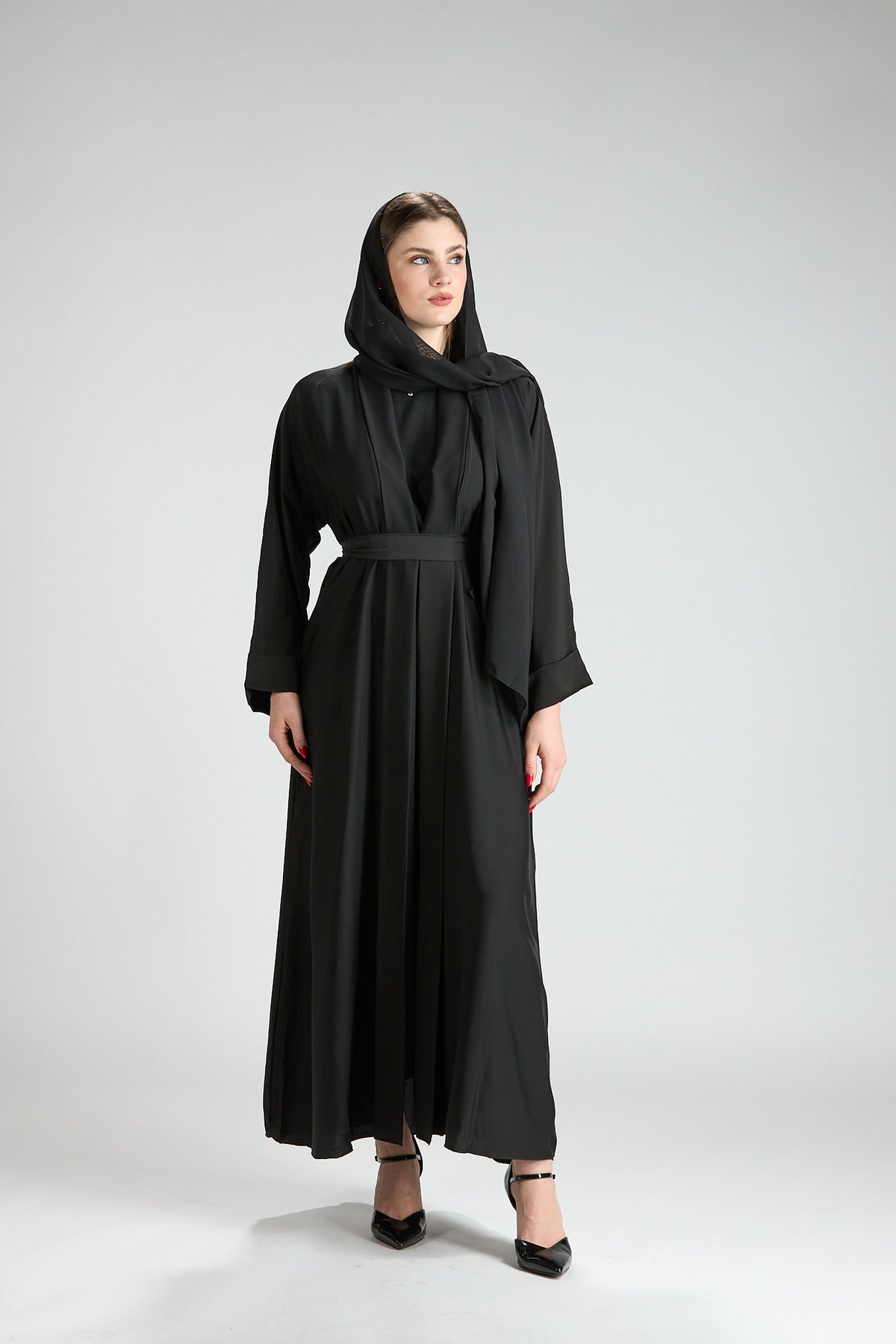 Noor Black Belted V-Neck 3-Piece Abaya