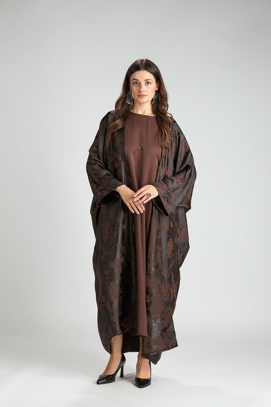 Ayla Brown Jacquard Abaya 3 Pieces