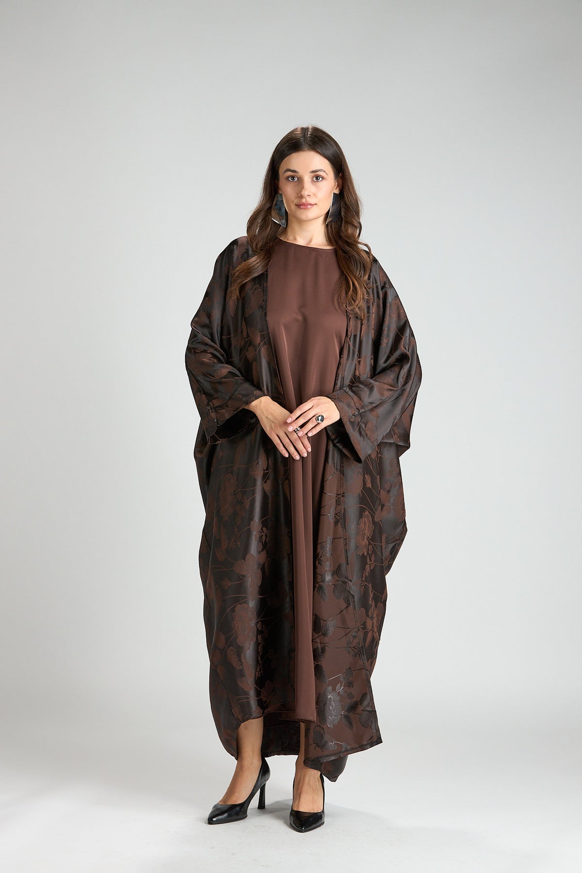 Ayla Brown Floral Jacquard 3-Piece Cape Abaya