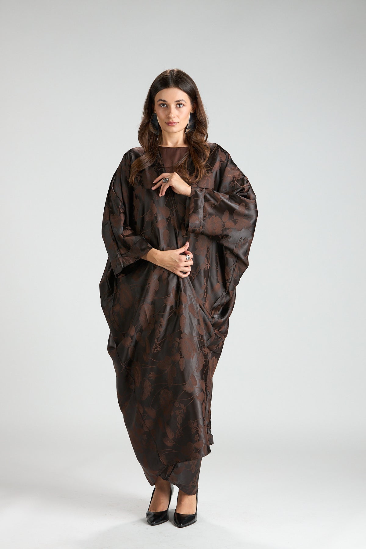 Ayla Brown Floral Jacquard 3-Piece Cape Abaya
