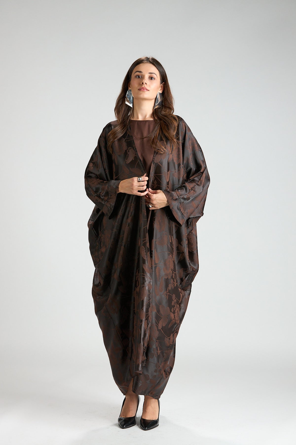 Ayla Brown Floral Jacquard 3-Piece Cape Abaya