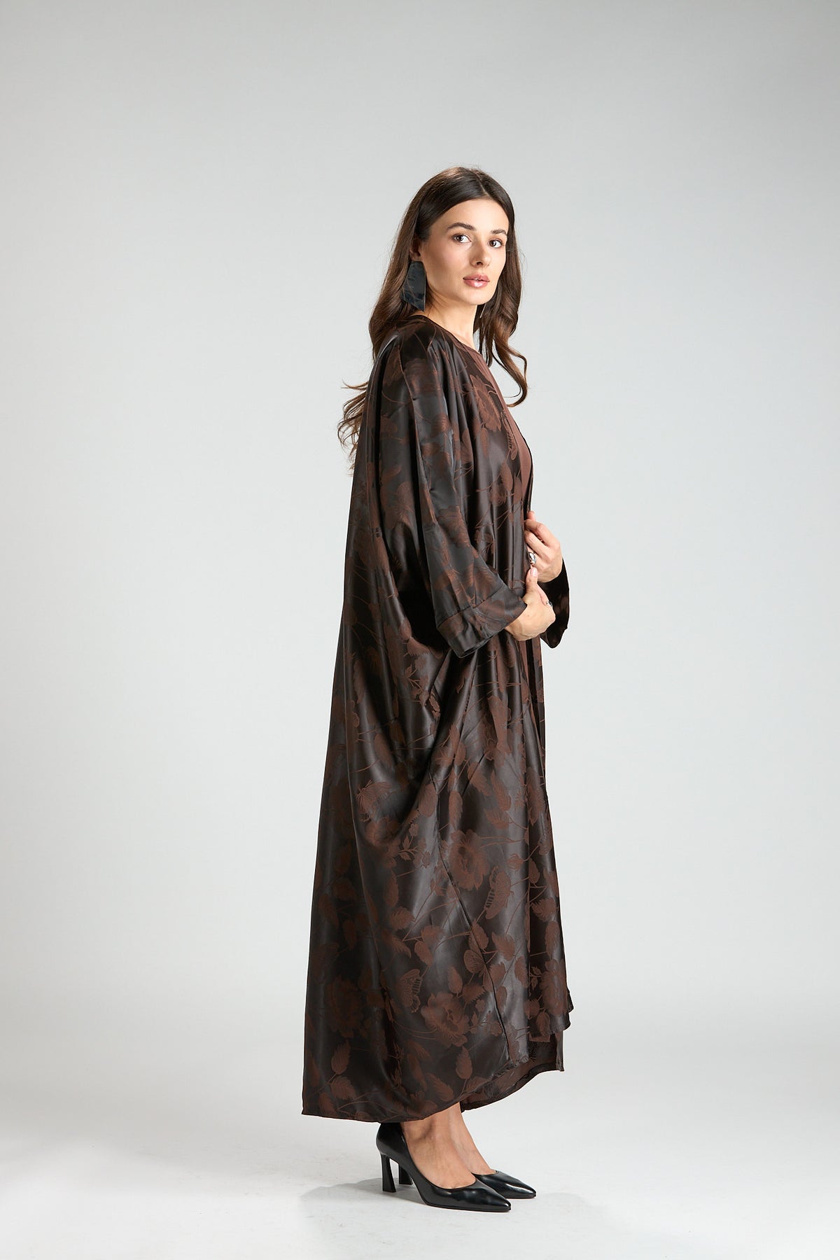Ayla Brown Floral Jacquard 3-Piece Cape Abaya