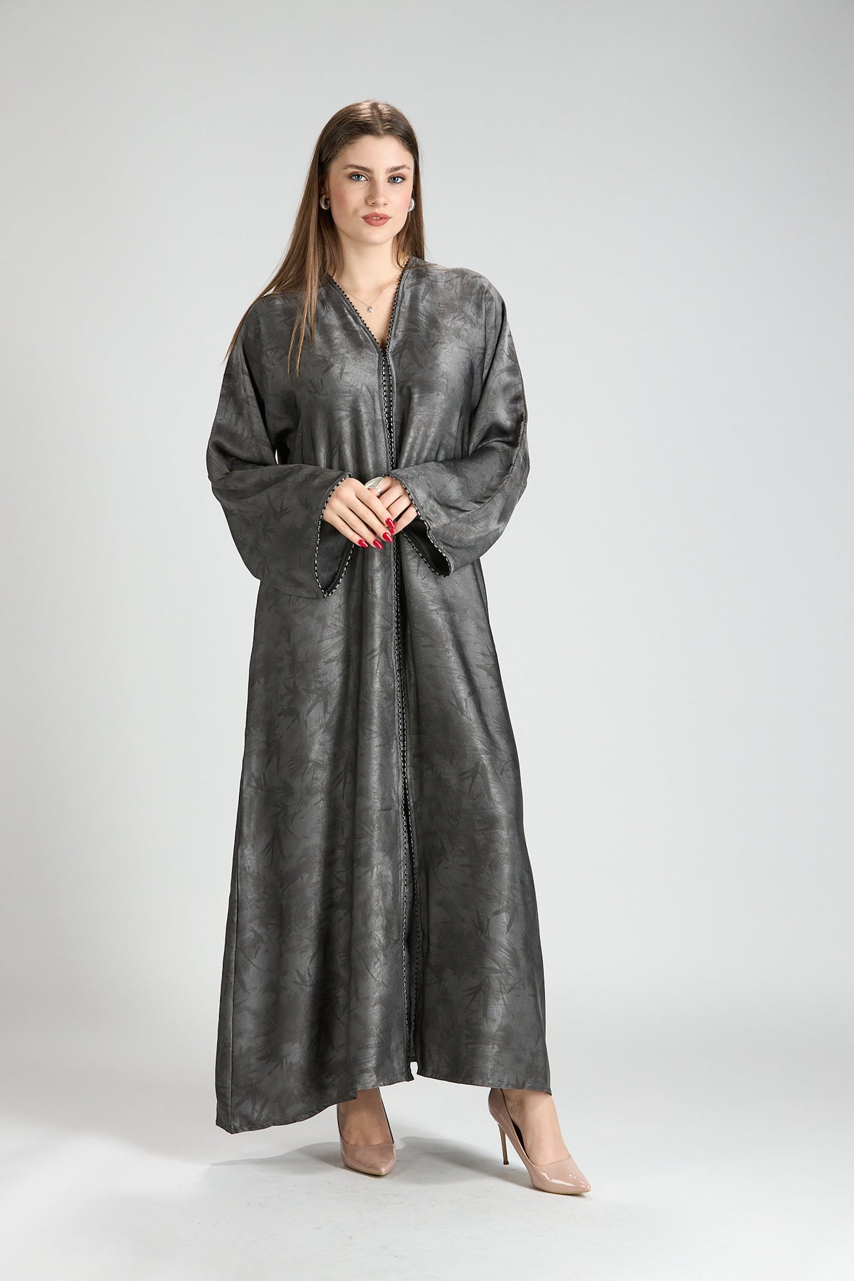 Farah Gray Textured Sheen 2-Piece Abaya with Hijab