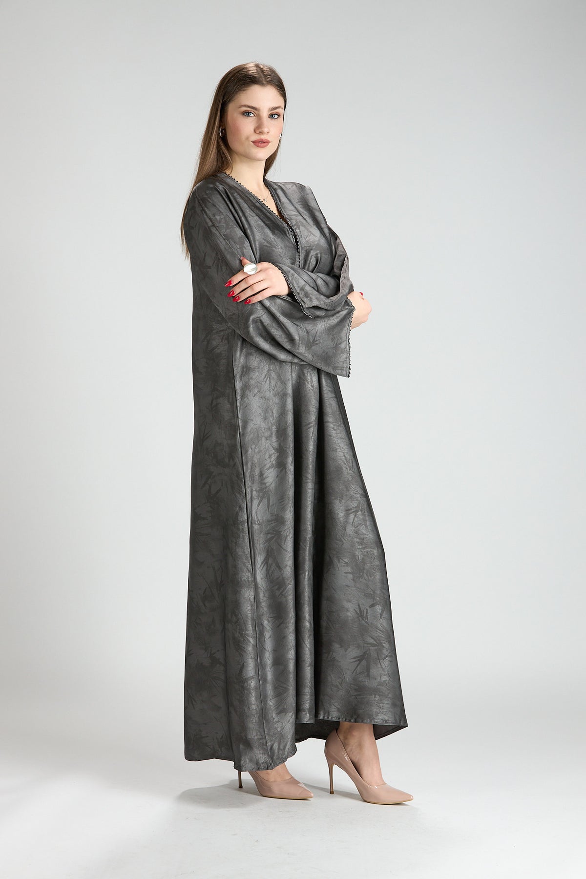 Farah Gray Textured Sheen 2-Piece Abaya with Hijab