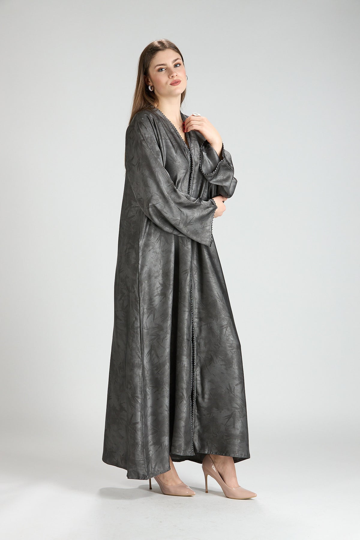 Farah Gray Textured Sheen 2-Piece Abaya with Hijab