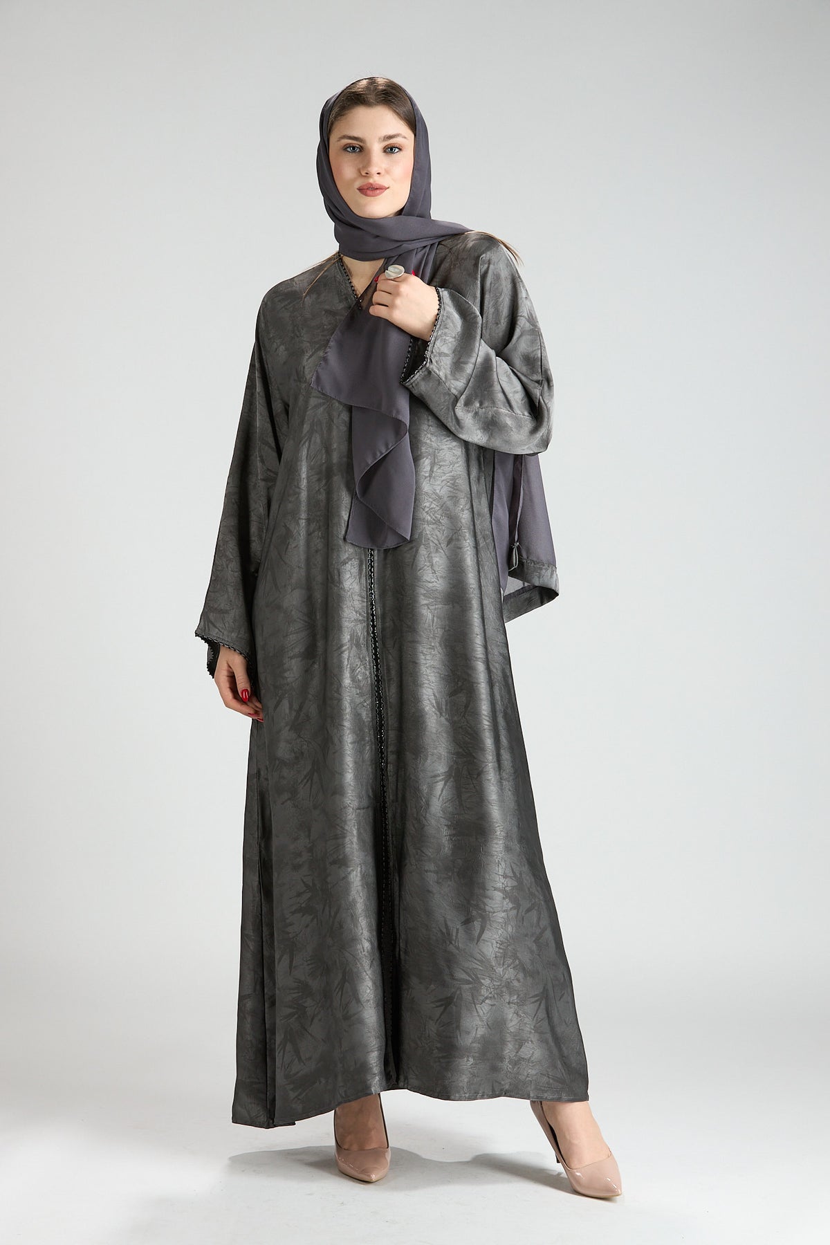 Farah Gray Textured Sheen 2-Piece Abaya with Hijab