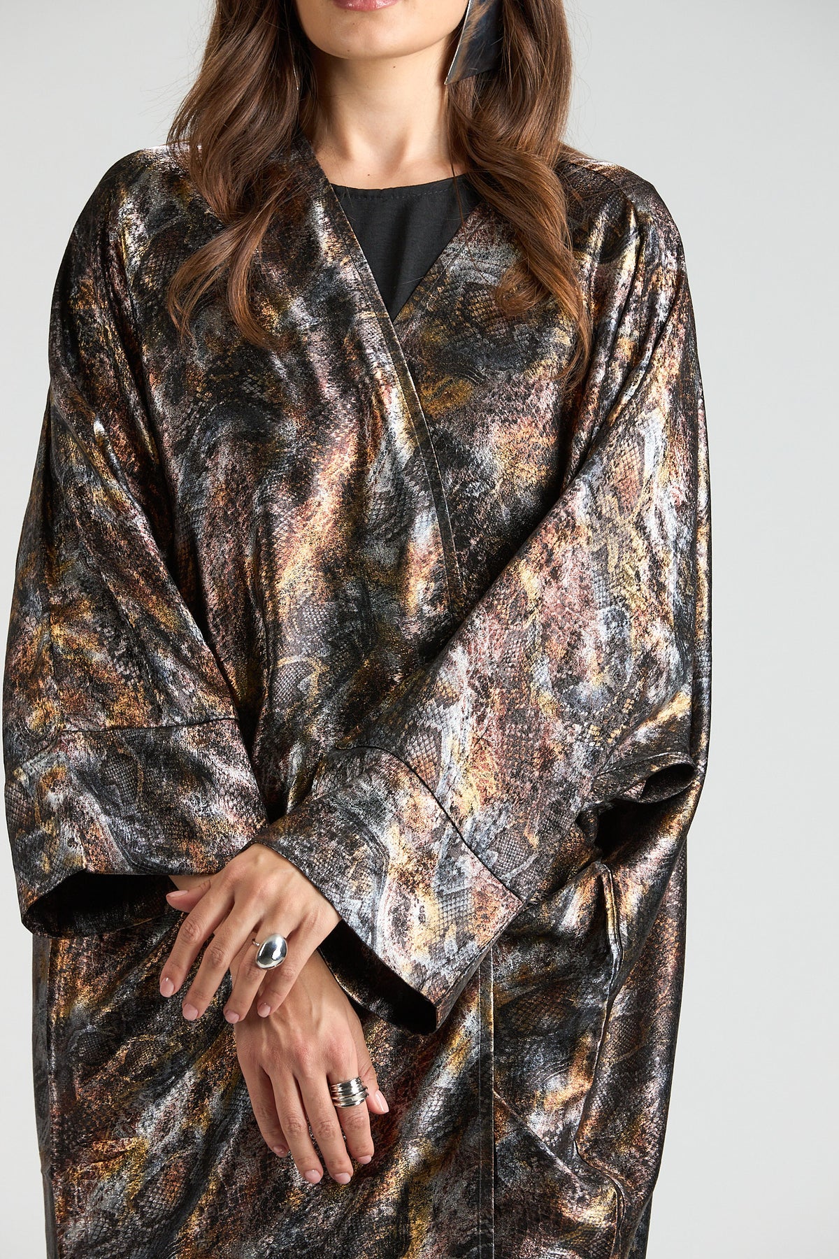 Brown Mirage Abstract Metallic 3-Piece Open Abaya with Inner Dress
