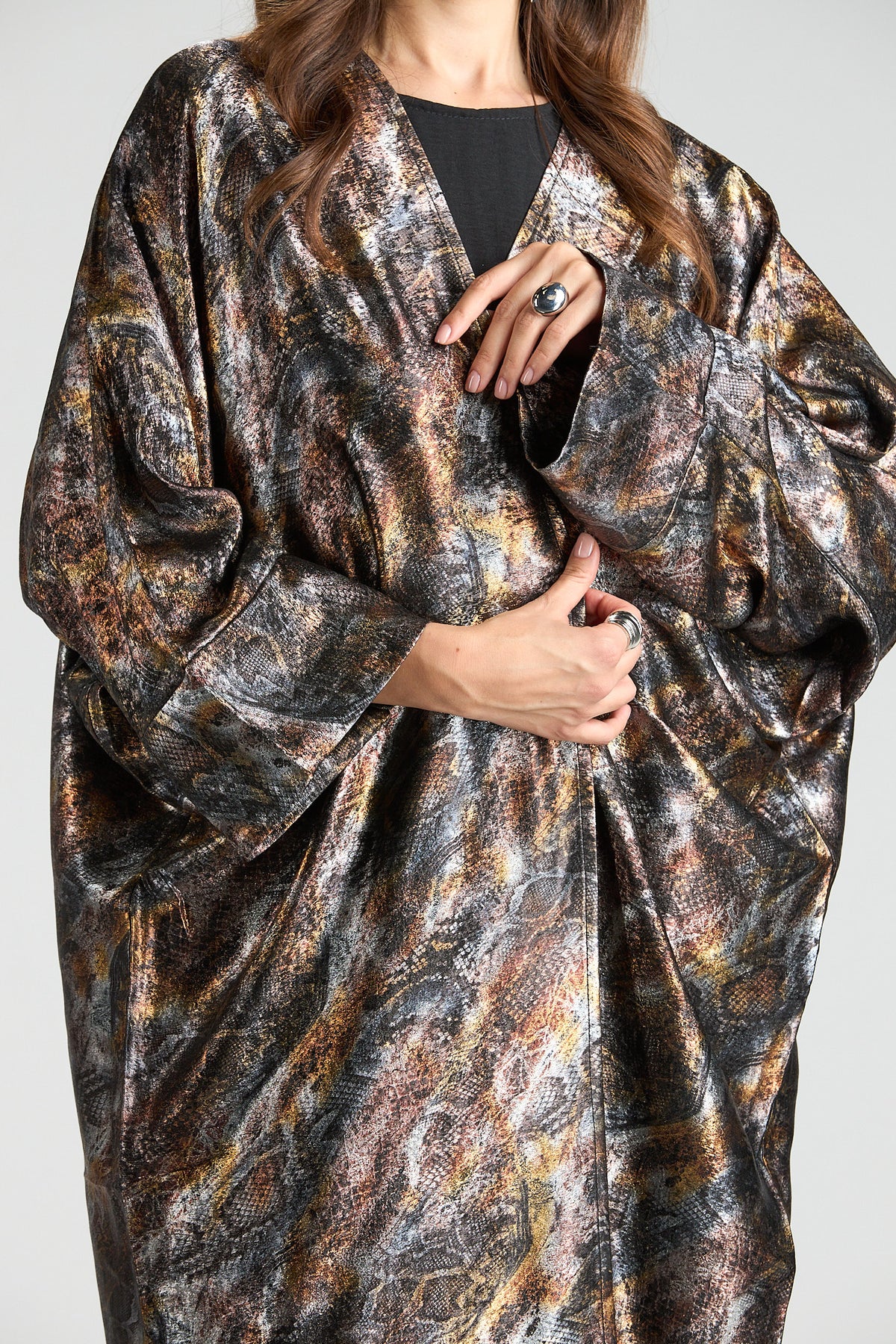 Brown Mirage Abstract Metallic 3-Piece Open Abaya with Inner Dress