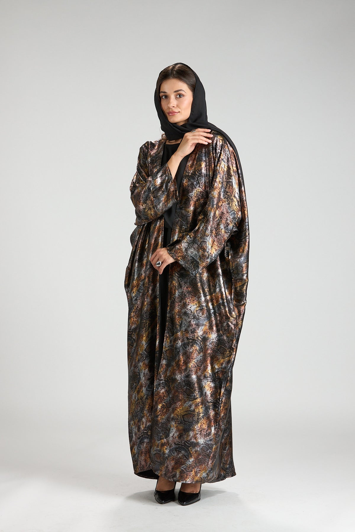 Brown Mirage Abstract Metallic 3-Piece Open Abaya with Inner Dress