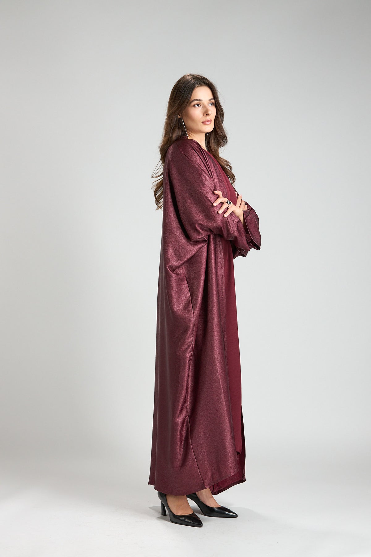 Burgundy Metallic 3-Piece Open Abaya with Inner Dress