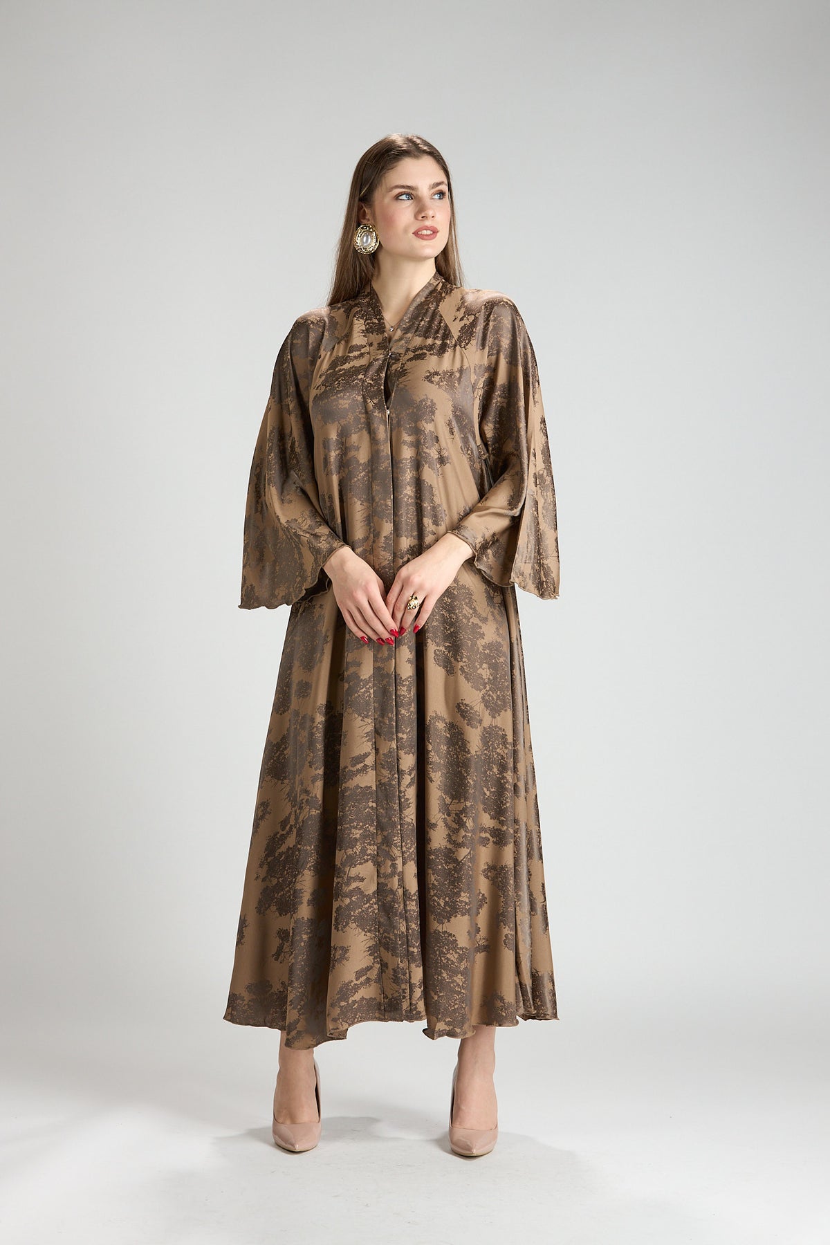 Reem Brown Floral Print Satin Abaya