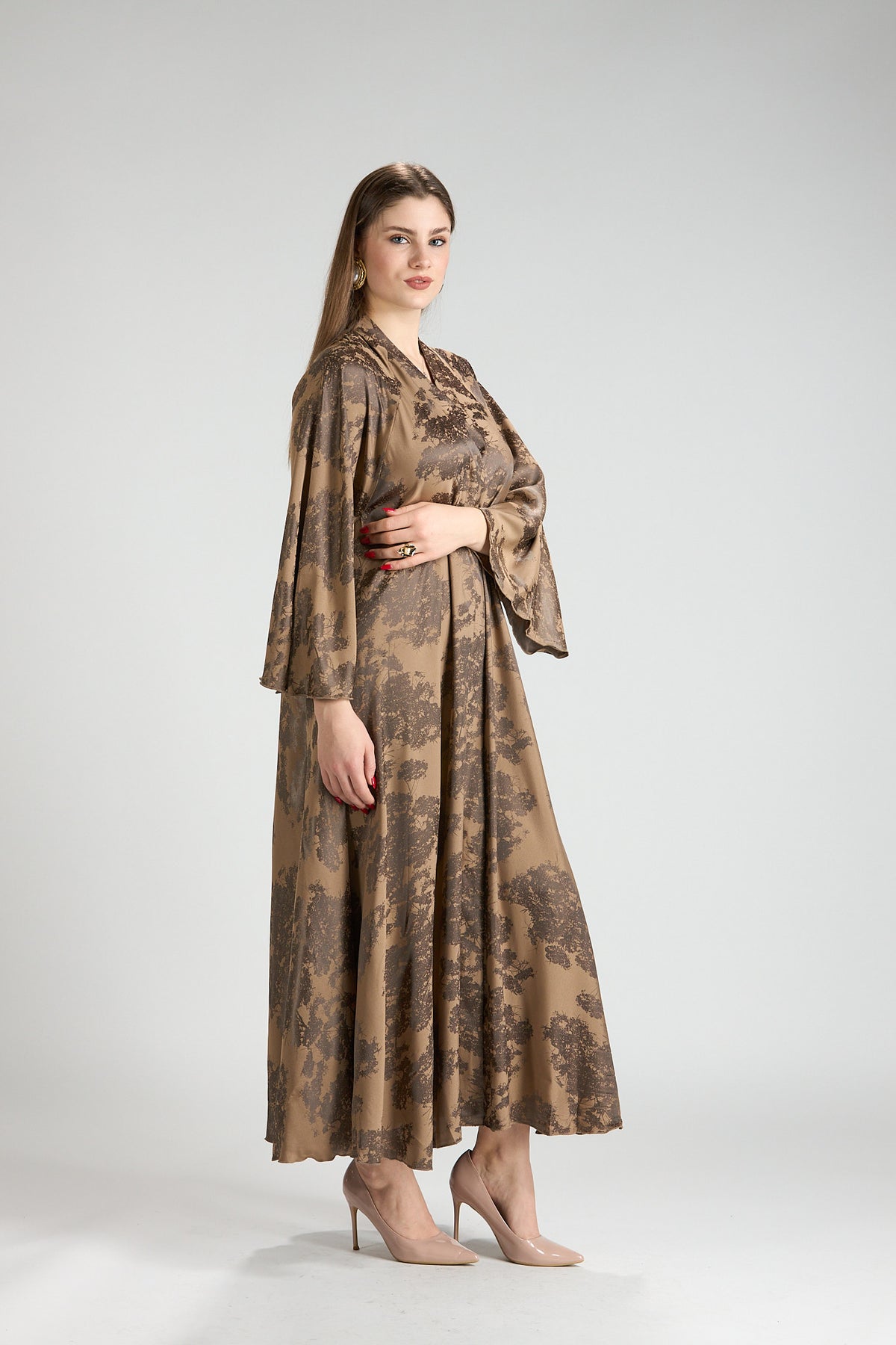 Reem Brown Floral Print Satin Abaya