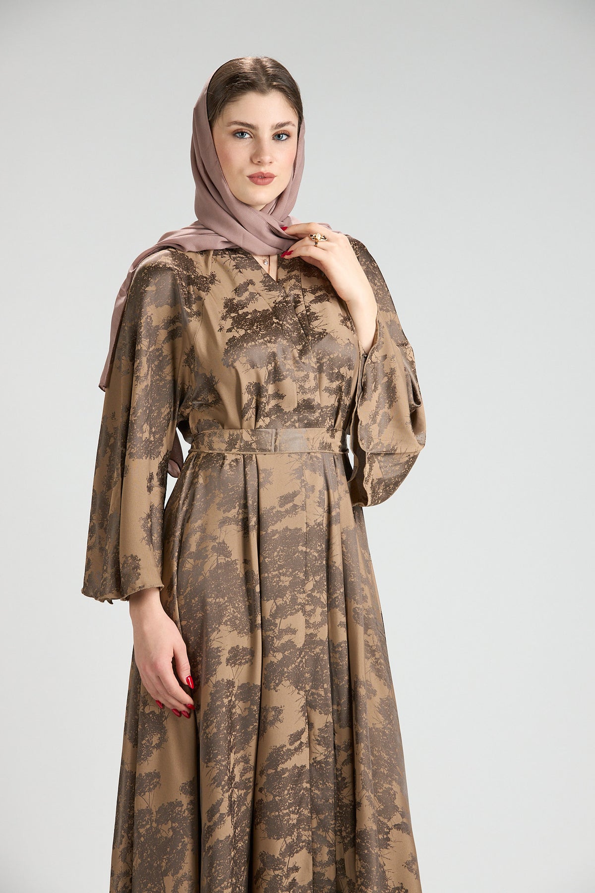 Reem Brown Floral Print Satin Abaya