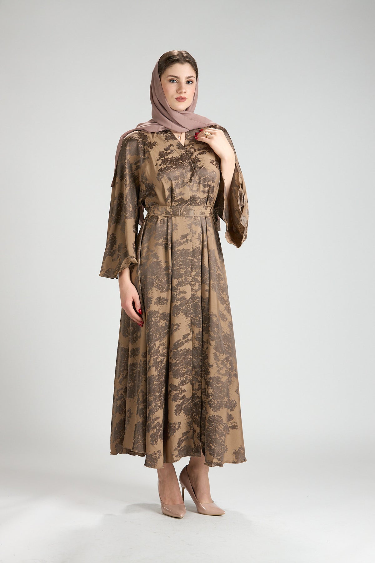 Reem Brown Floral Print Satin Abaya