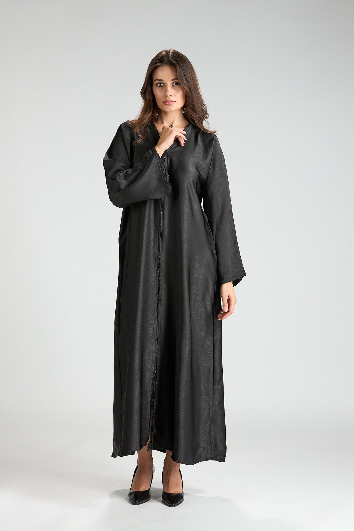 Farah Black Textured Sheen 2-Piece Abaya with Hijab