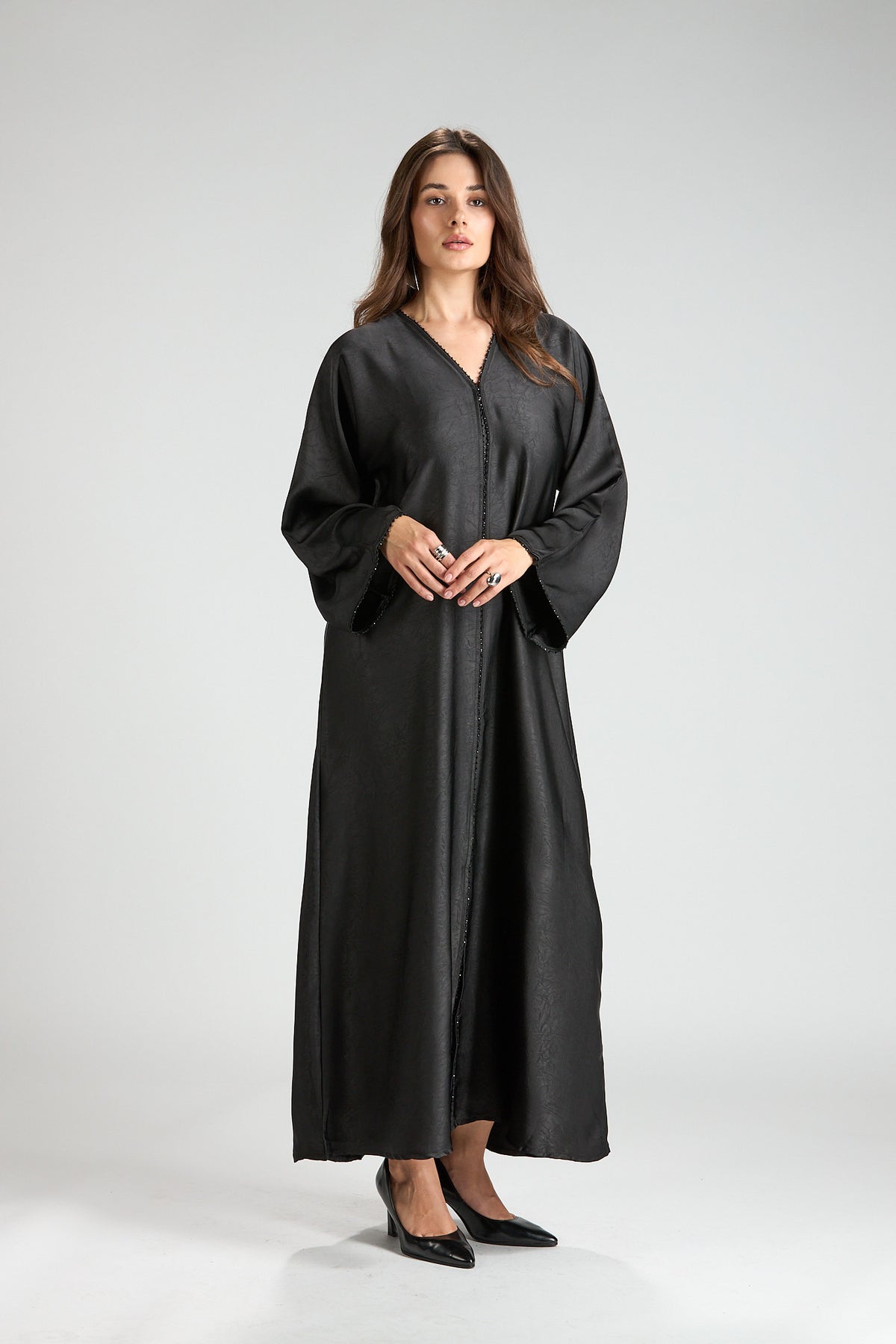 Farah Black Textured Sheen 2-Piece Abaya with Hijab