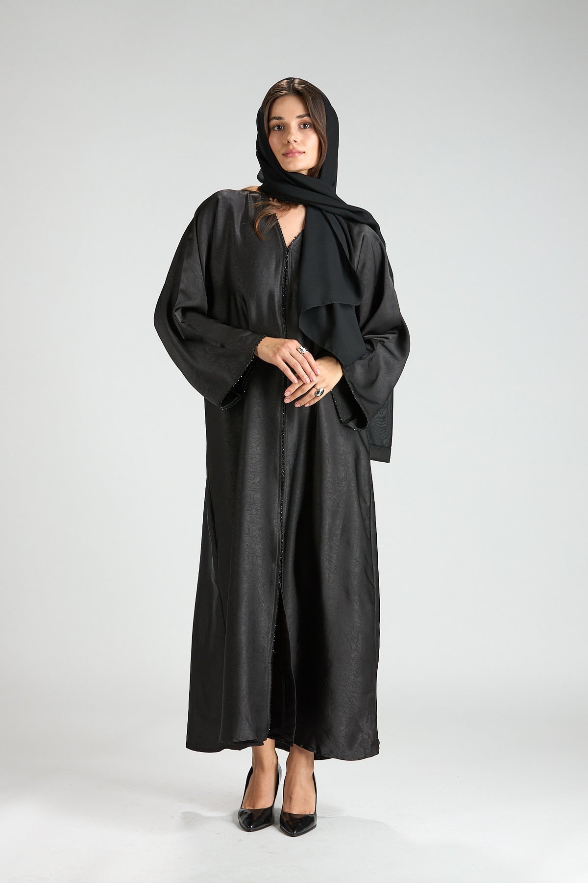 Farah Black Textured Sheen 2-Piece Abaya with Hijab