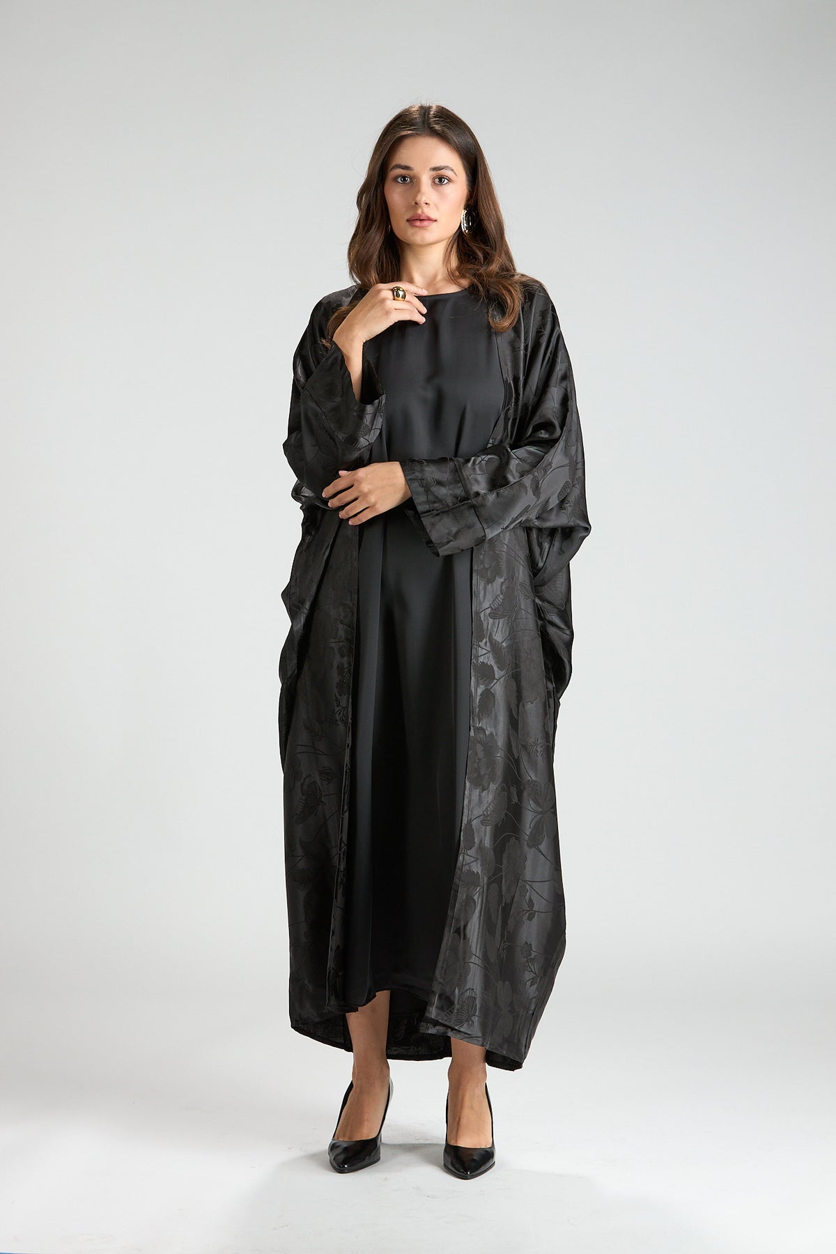 Ayla Black Jacquard 3-Piece Open Abaya with Sheer Overlay