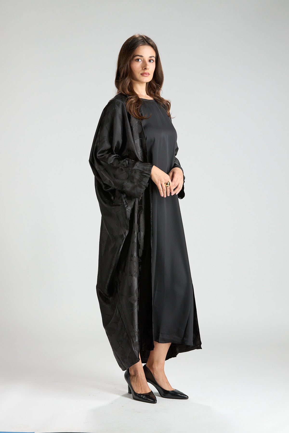 Ayla Black Jacquard 3-Piece Open Abaya with Sheer Overlay