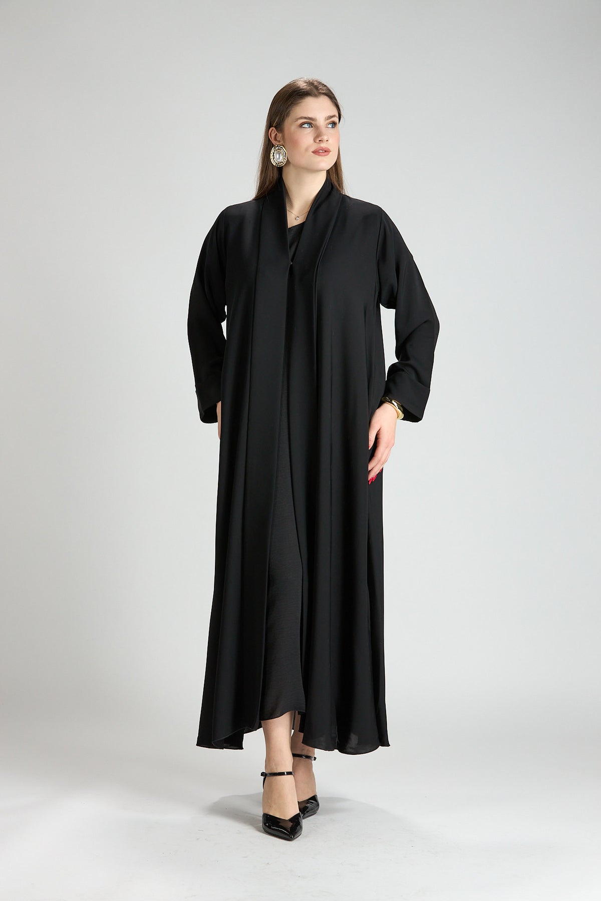 Opaline Black Cascade Front Silk 3-Piece Abaya