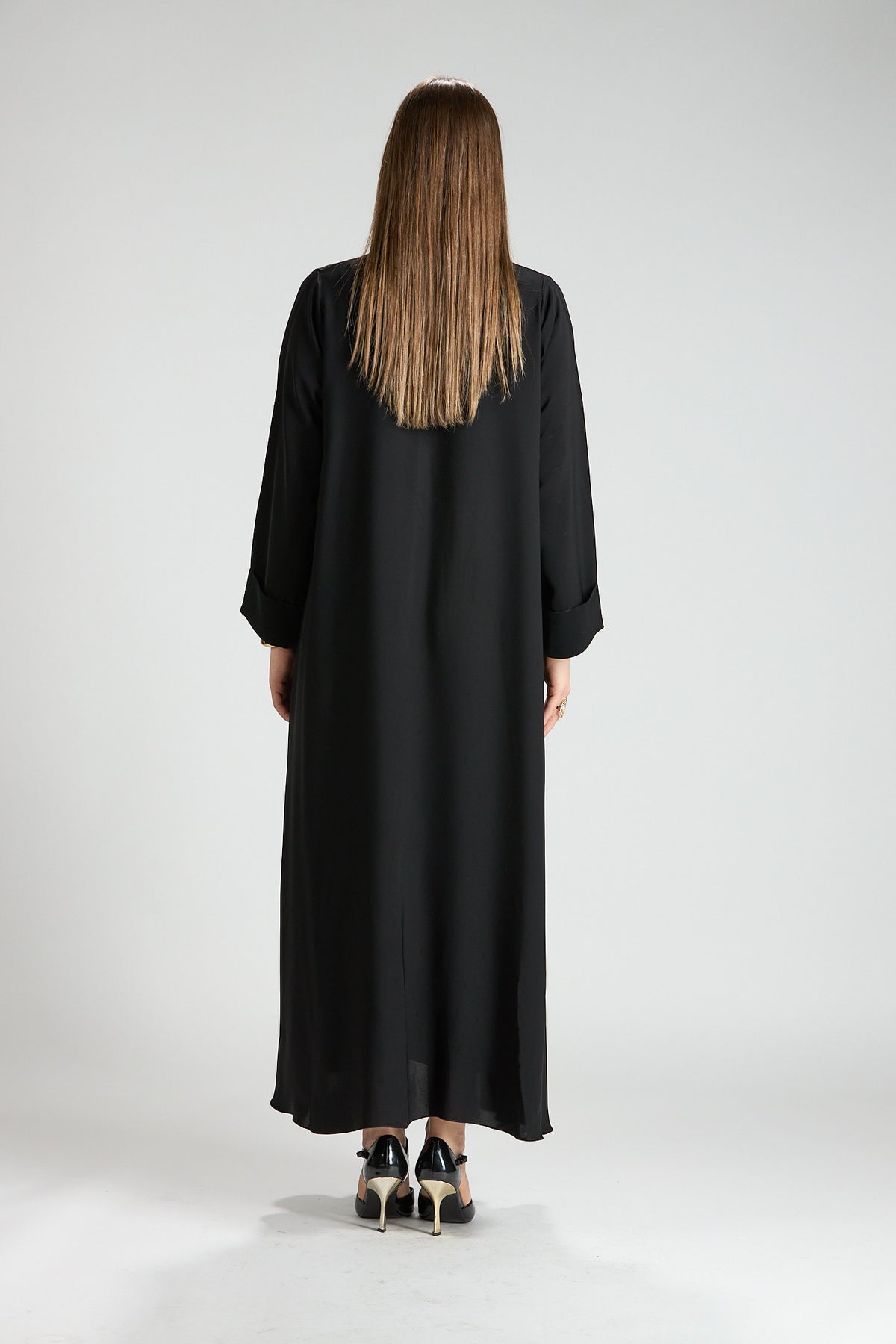 Opaline Black Cascade Front Silk 3-Piece Abaya