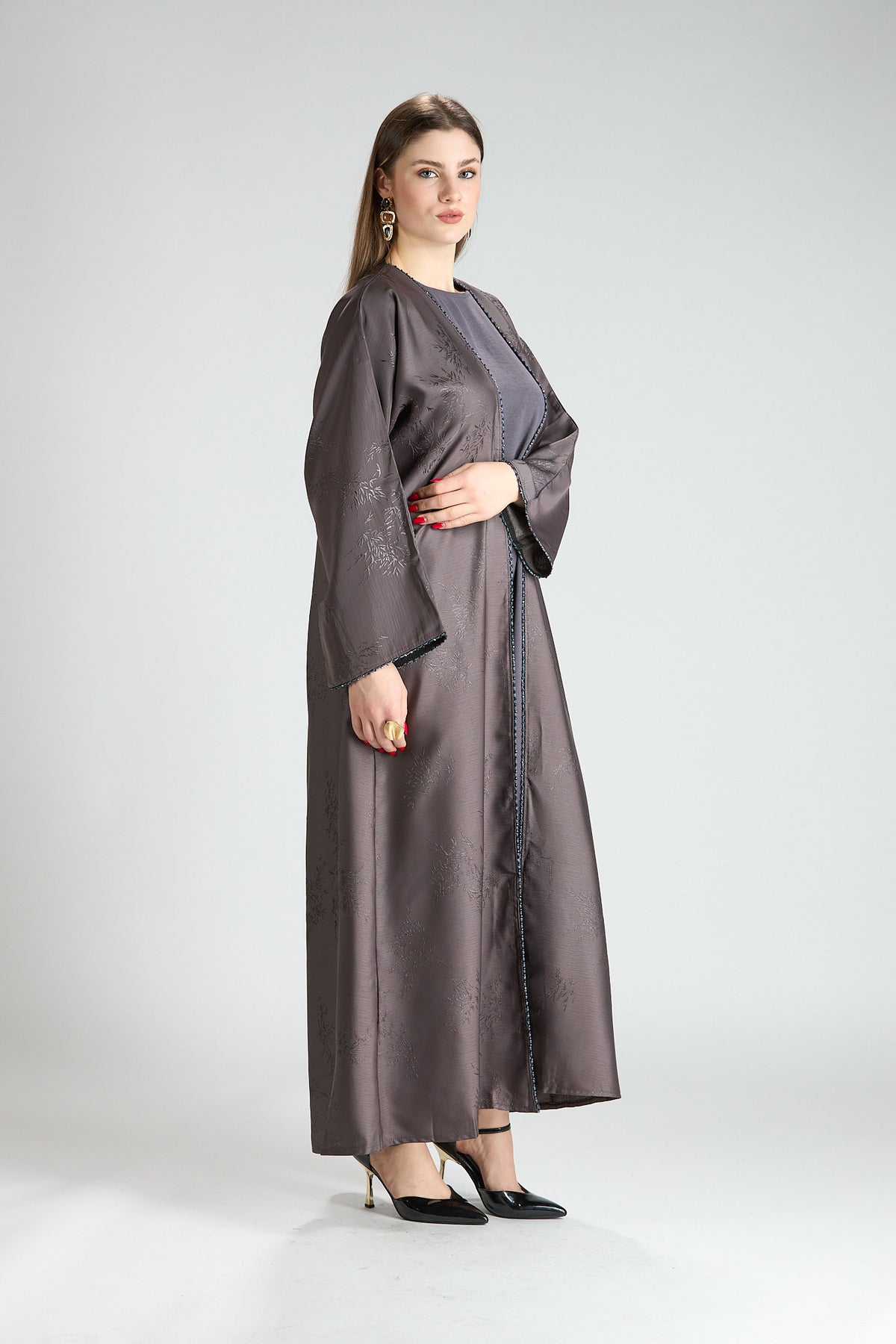 Sukoon Gray Jacquard 3-Piece Abaya with Front Trim