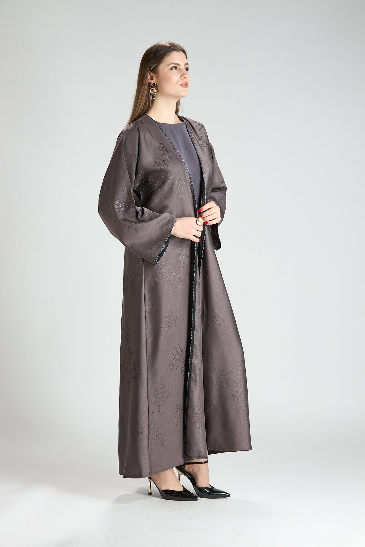 Sukoon Gray Jacquard 3-Piece Abaya with Front Trim