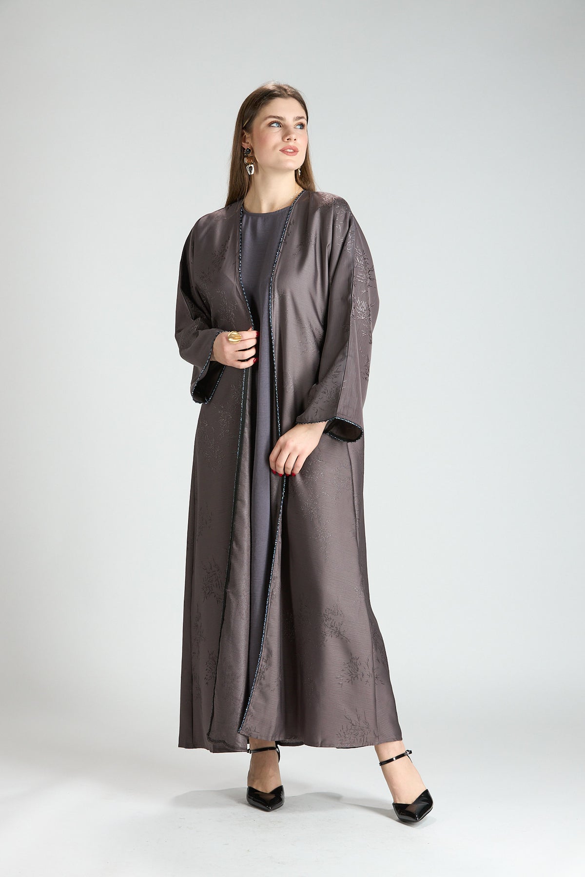 Sukoon Gray Jacquard 3-Piece Abaya with Front Trim