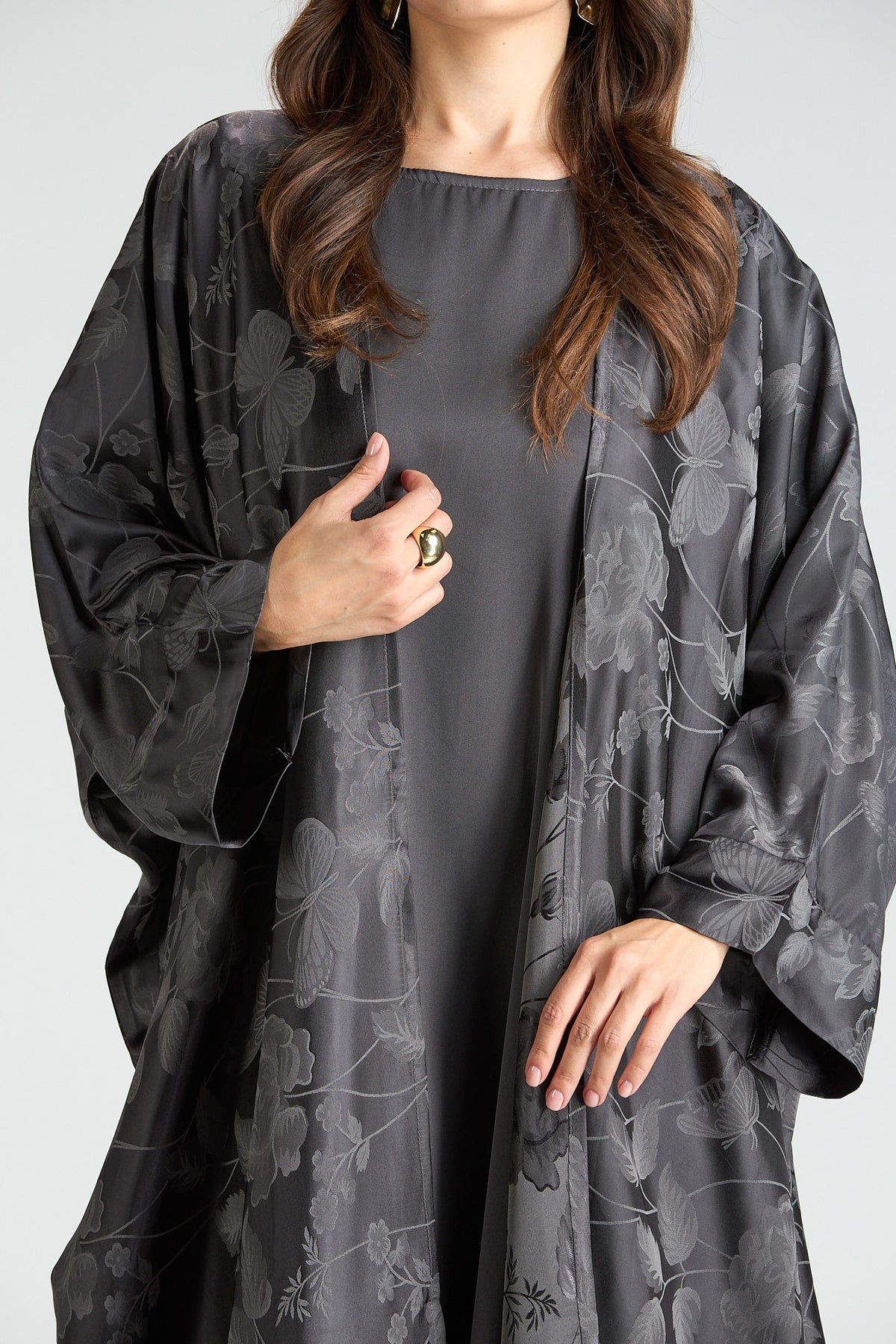 Ayla Gray Floral Jacquard 3-Piece Cape Abaya