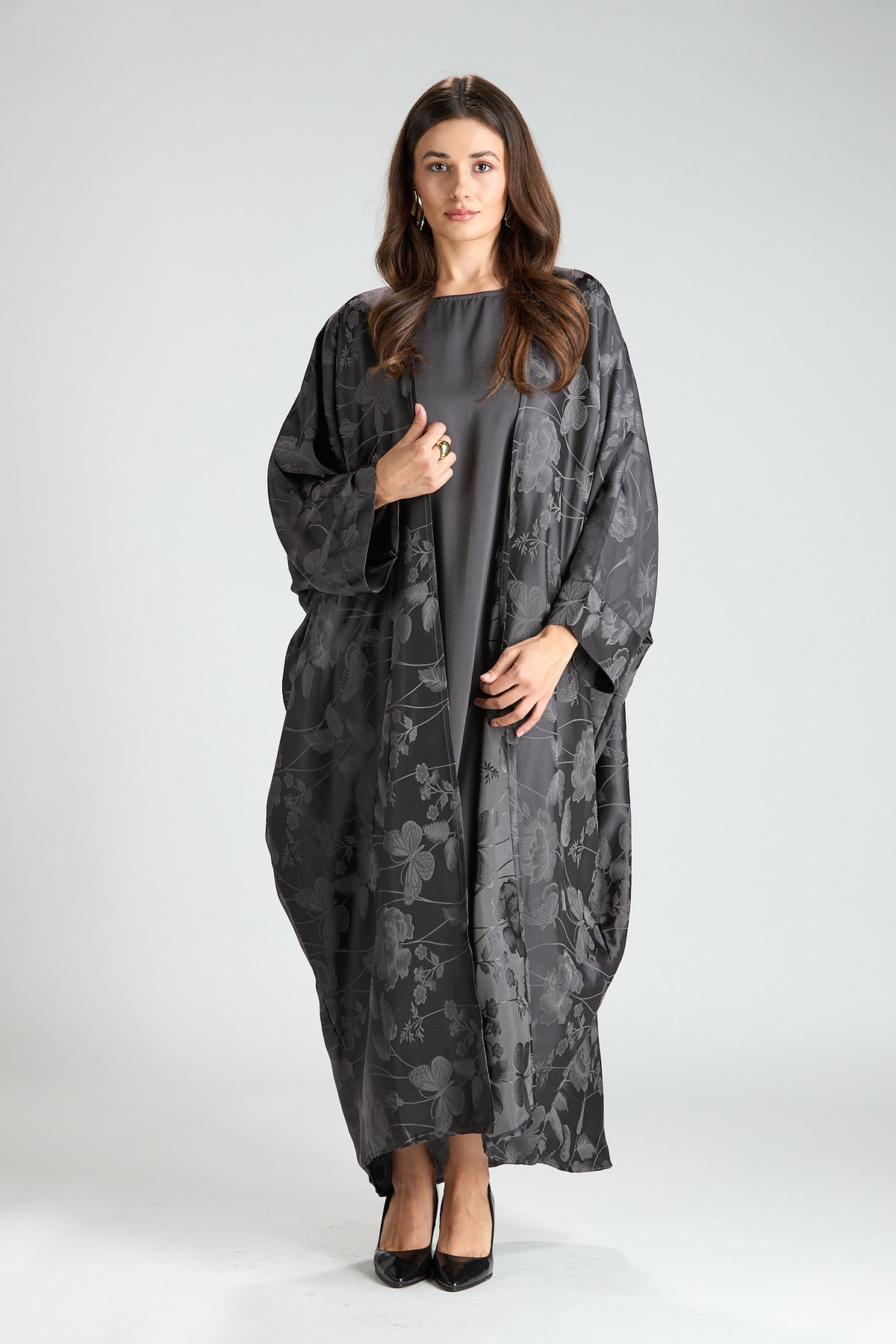 Ayla Gray Floral Jacquard 3-Piece Cape Abaya