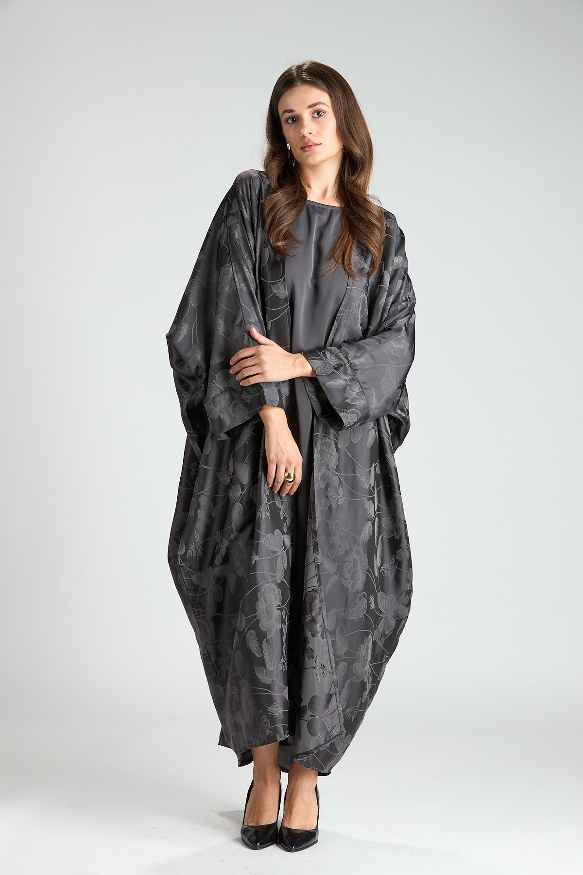 Ayla Gray Floral Jacquard 3-Piece Cape Abaya