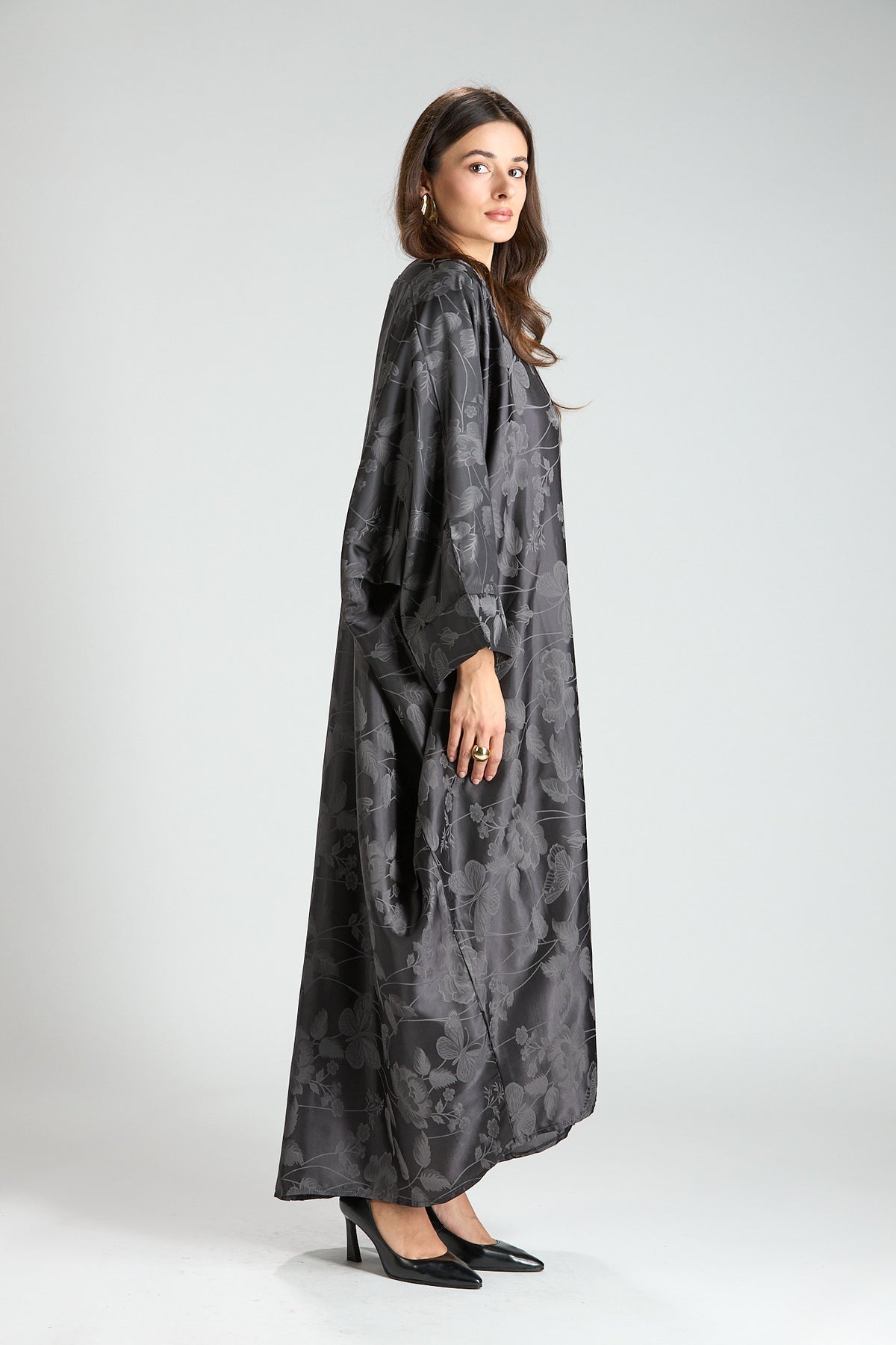 Ayla Gray Floral Jacquard 3-Piece Cape Abaya