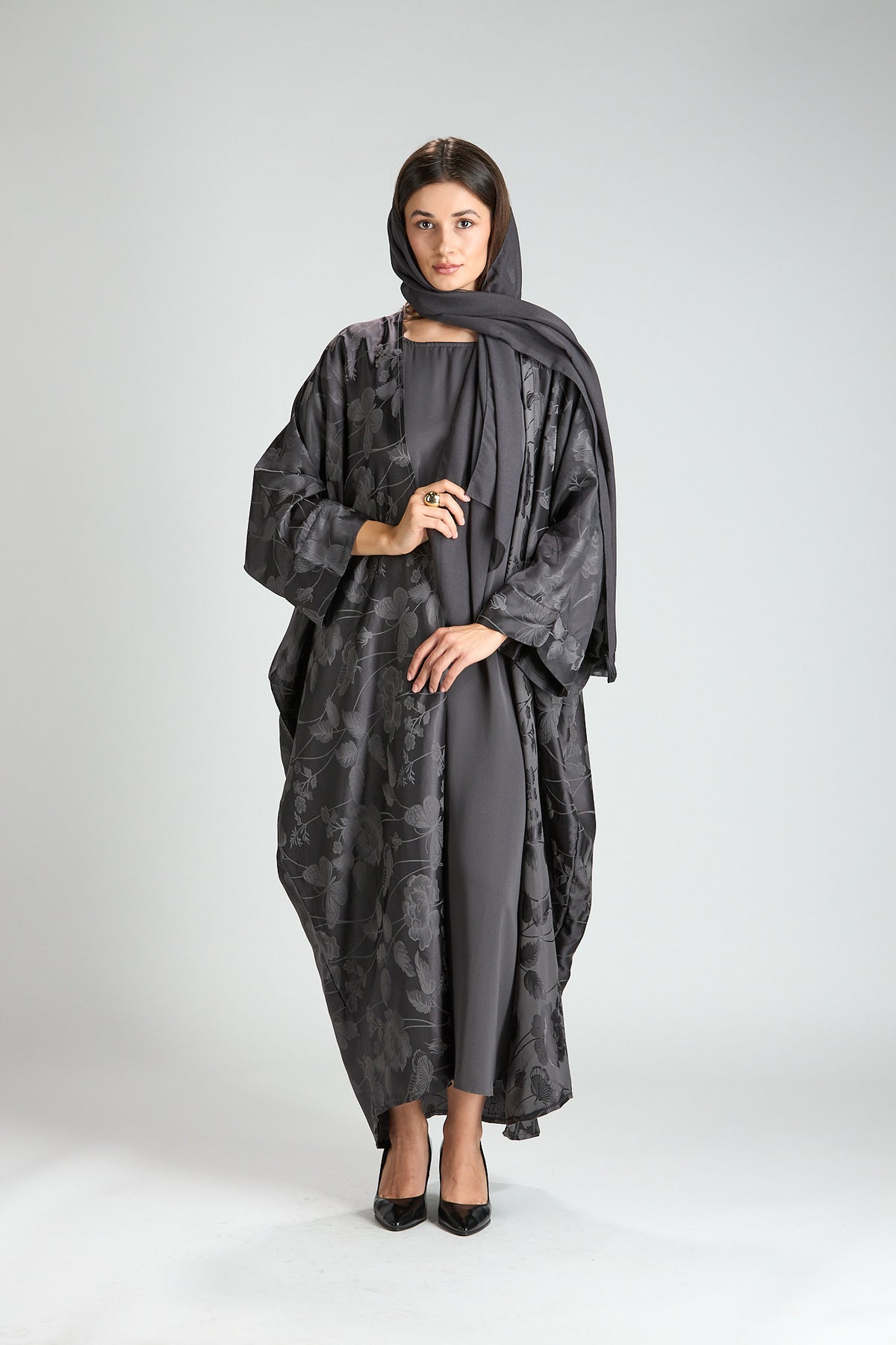 Ayla Gray Floral Jacquard 3-Piece Cape Abaya