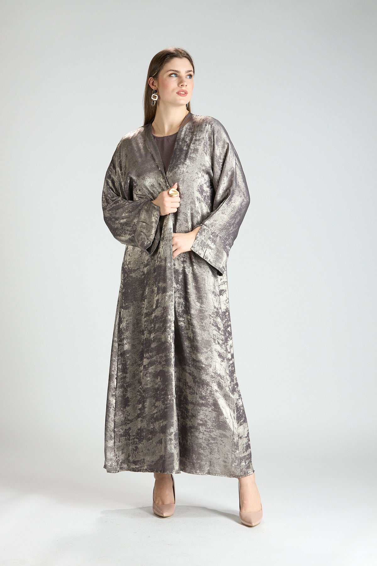 Mocha Metallic Textured 3-Piece Open Abaya with Inner Dress