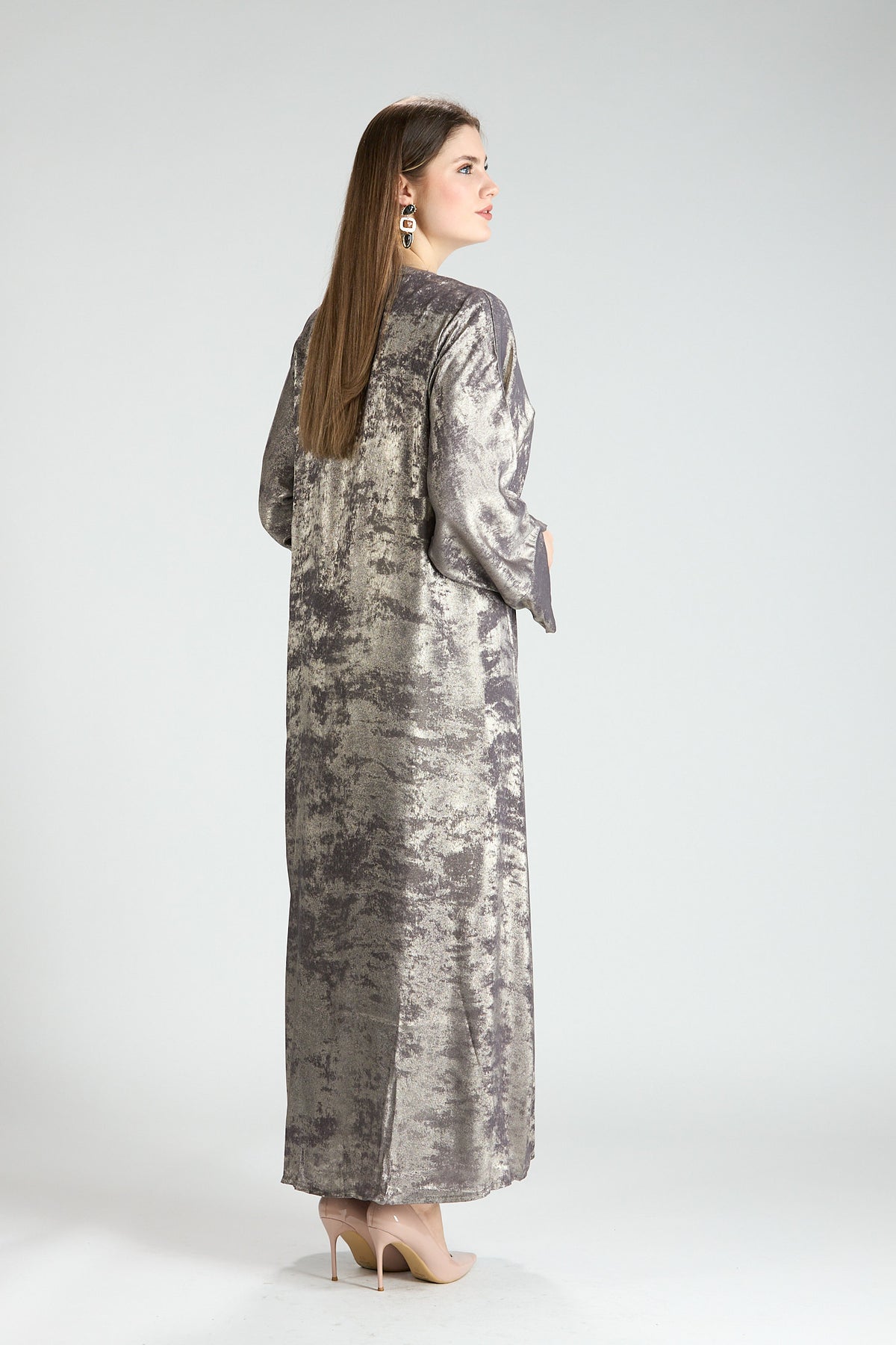 Mocha Metallic Textured 3-Piece Open Abaya with Inner Dress