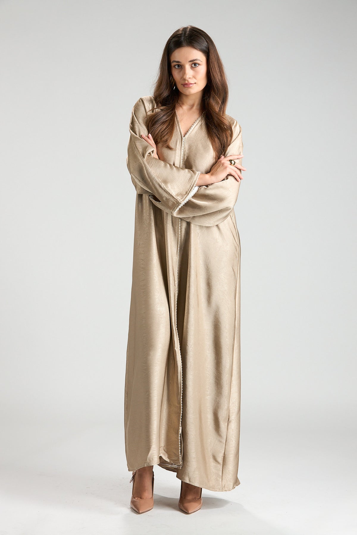 Farah Champagne Beige Textured Sheen 2-Piece Abaya with Hijab