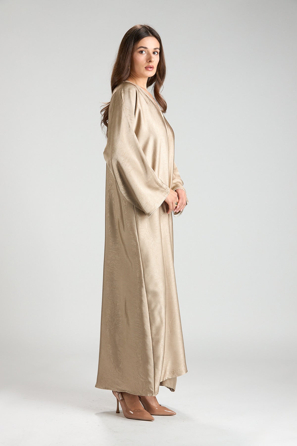 Farah Champagne Beige Textured Sheen 2-Piece Abaya with Hijab