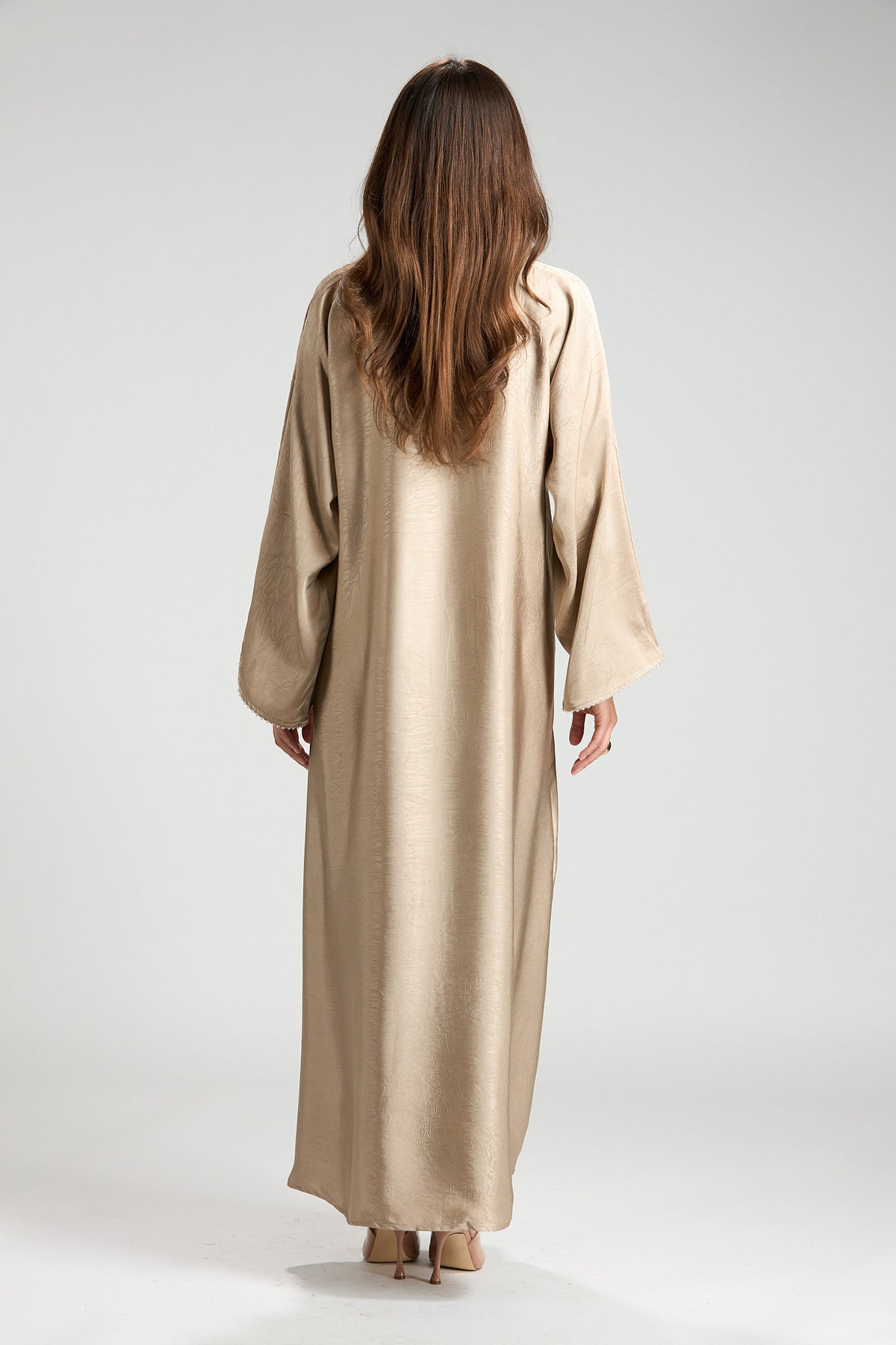 Farah Champagne Beige Textured Sheen 2-Piece Abaya with Hijab